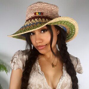 Womens Striped Straw Beaded Bohemian Beachy Coastal Cowgirl Woven Bucket Hat